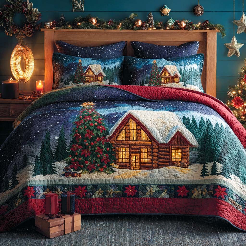 Winter Hearth Glow quilted 3-piece bedding set on a made bed in a winter-styled bedroom