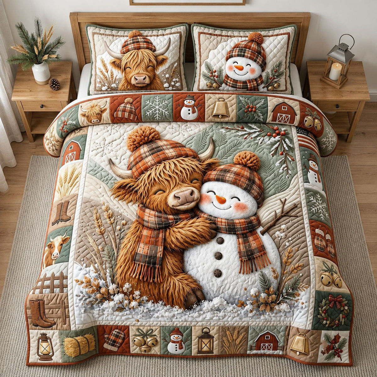 Winter Highland Cow quilted 3-piece bedding set on a made bed in a winter-styled bedroom