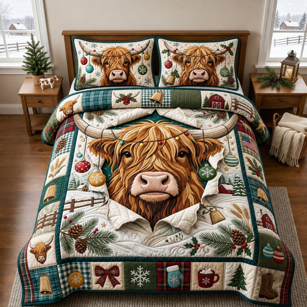 Winter Highland Cow quilted 3-piece bedding set on a made bed in a winter-styled bedroom