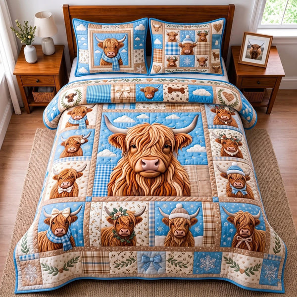 Winter Highland quilted 3-piece bedding set on a made bed in a winter-styled bedroom