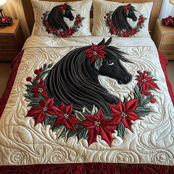 Winter Horse Dreams quilted 3-piece bedding set on a made bed in a winter-styled bedroom