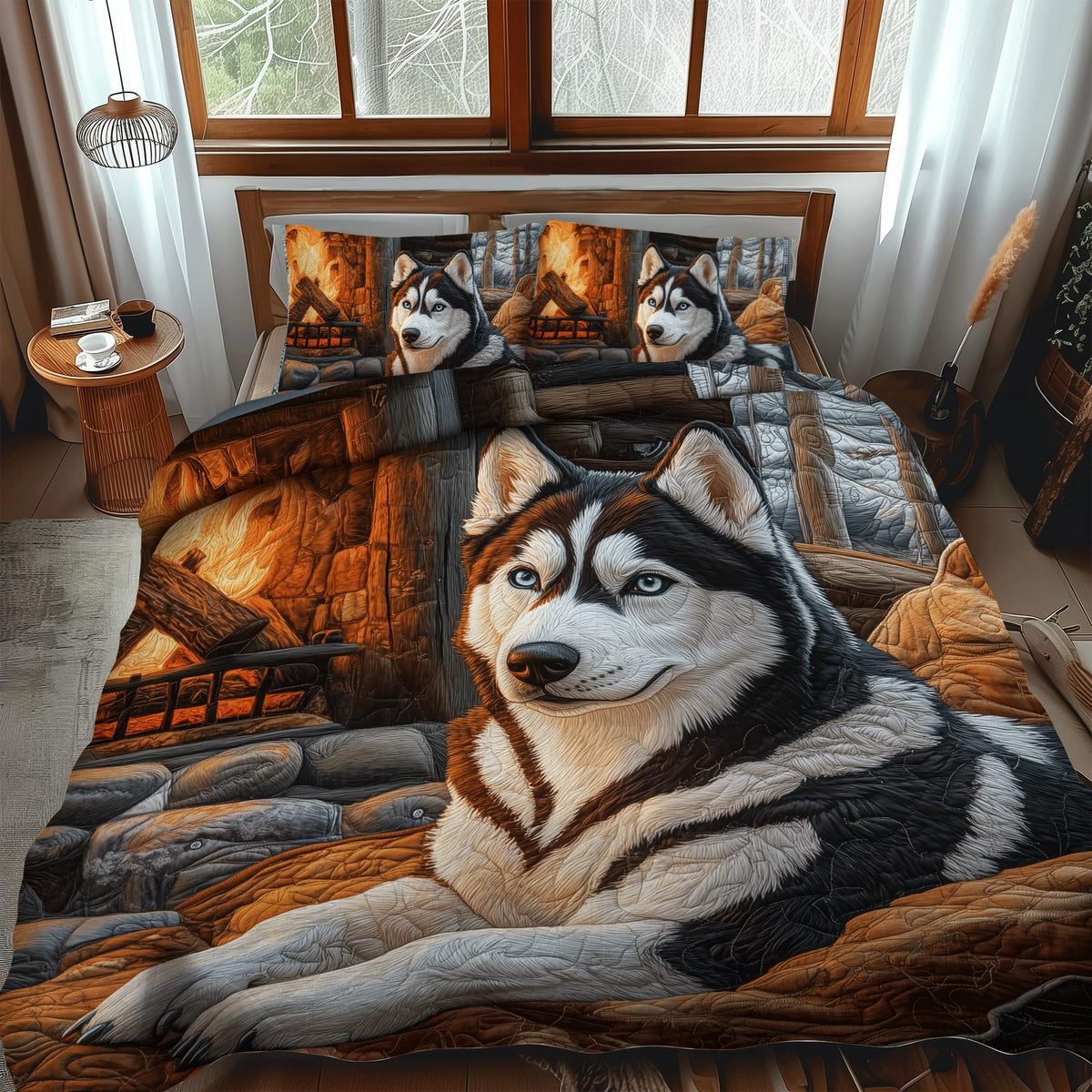 Winter Howl quilted 3-piece bedding set on a made bed in a winter-styled bedroom