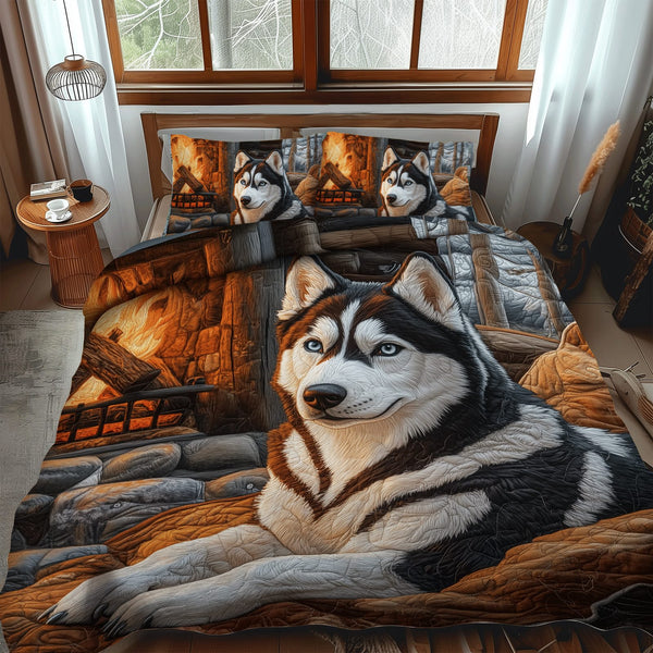 Winter Howl quilted 3-piece bedding set on a made bed in a winter-styled bedroom