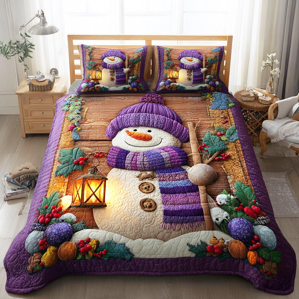 Winter Hug Frost quilted 3-piece bedding set on a made bed in a winter-styled bedroom