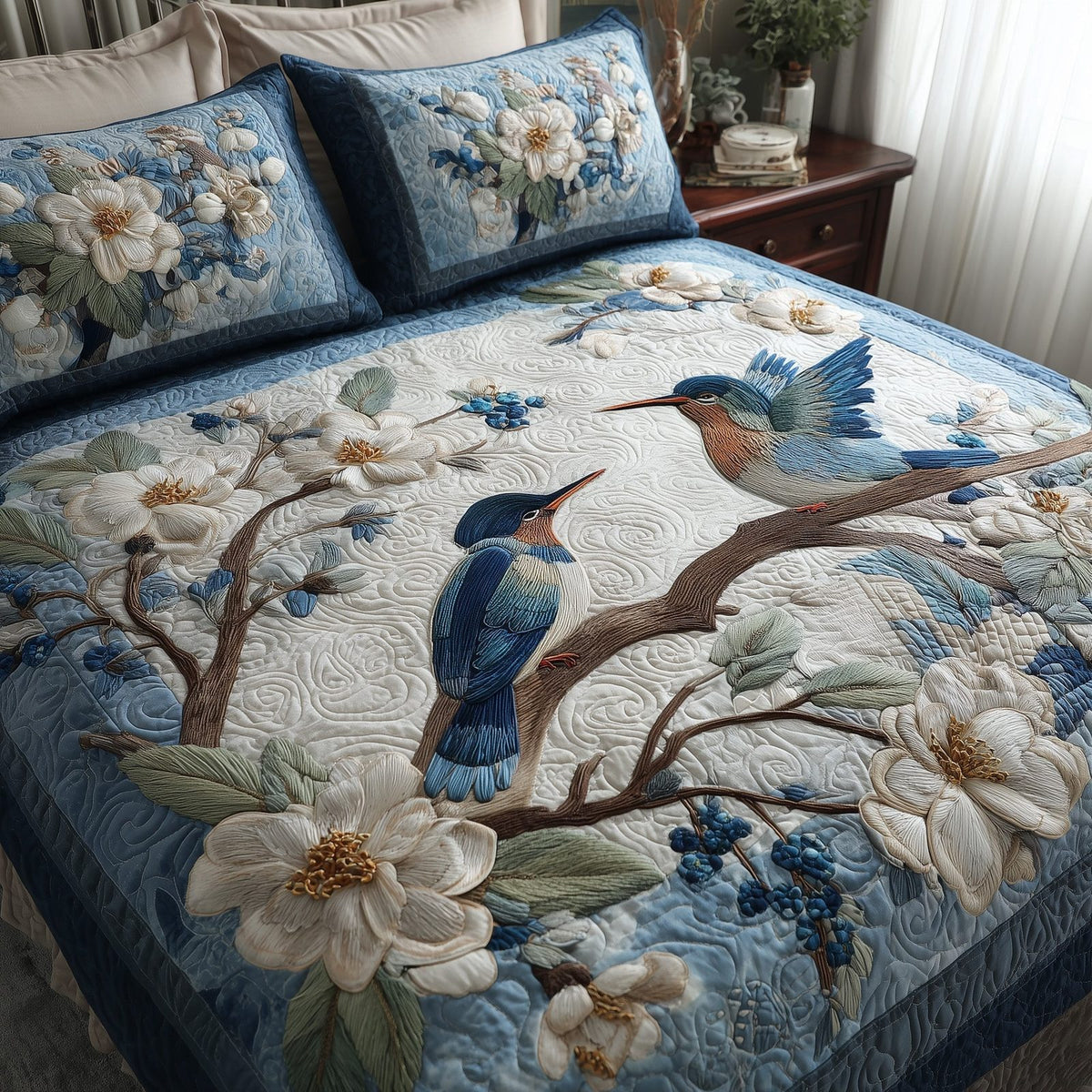 Winter Hummingbird Love quilted 3-piece bedding set on a made bed in a winter-styled bedroom