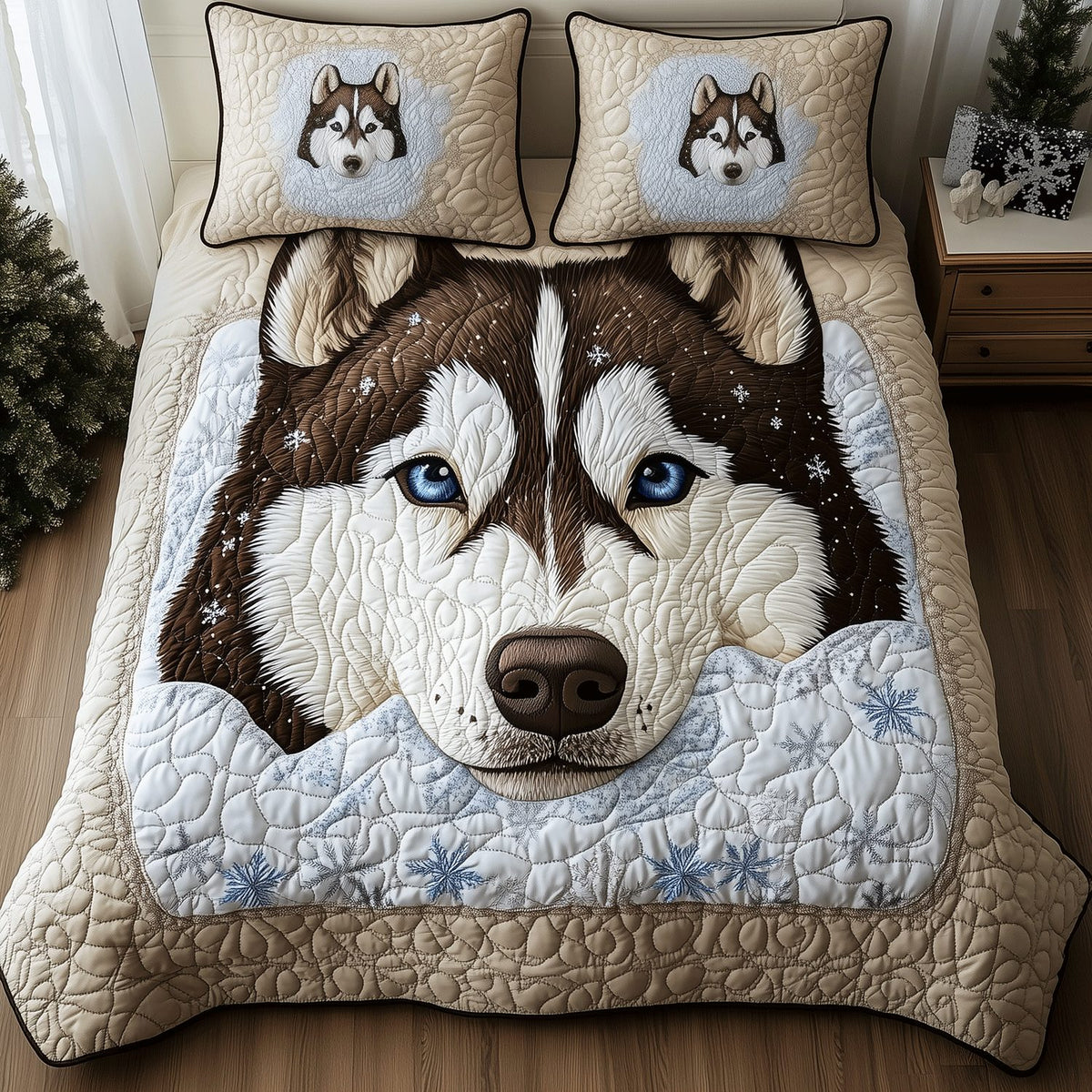 Winter Husky Snout quilted 3-piece bedding set on a made bed in a winter-styled bedroom