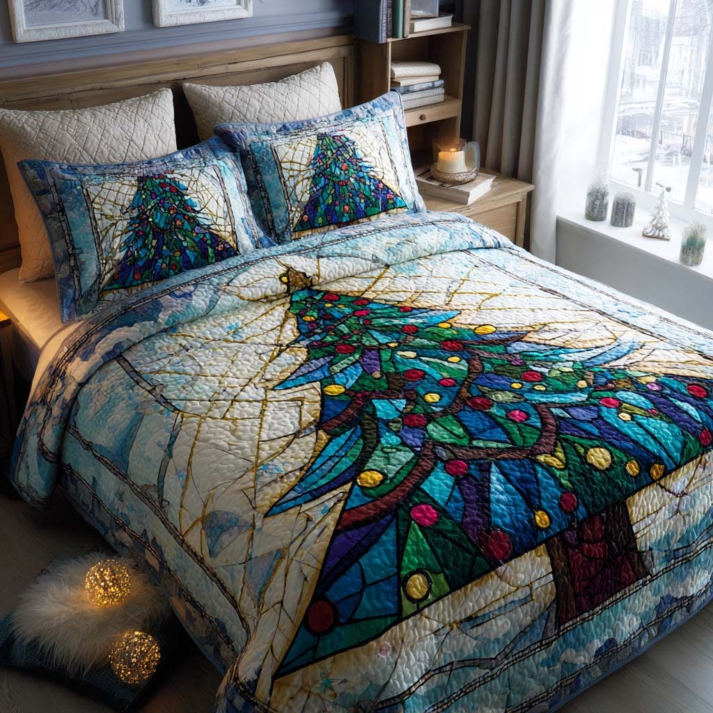 Winter Jewel quilted 3-piece bedding set on a made bed in a winter-styled bedroom