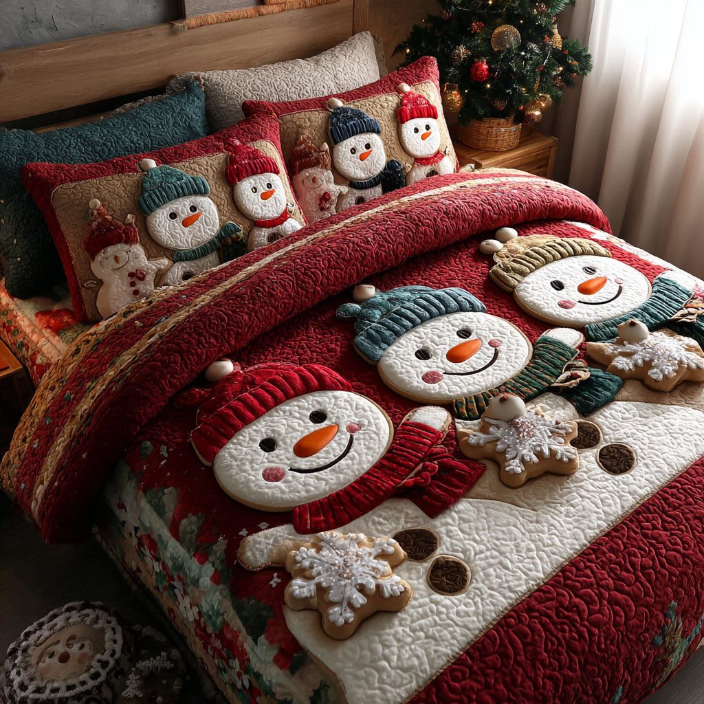 Winter Jolly quilted 3-piece bedding set on a made bed in a winter-styled bedroom