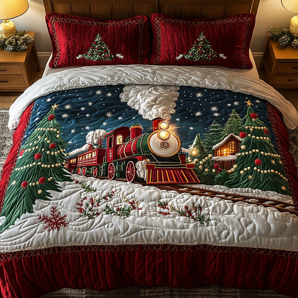 Winter Journey quilted 3-piece bedding set on a made bed in a winter-styled bedroom