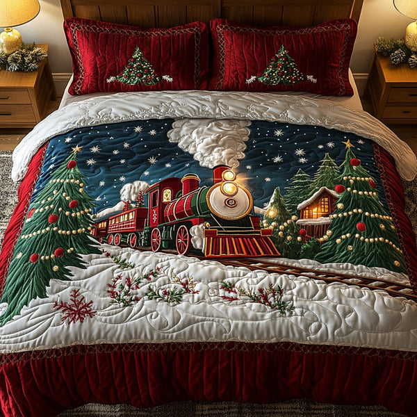 Winter Journey quilted 3-piece bedding set on a made bed in a winter-styled bedroom
