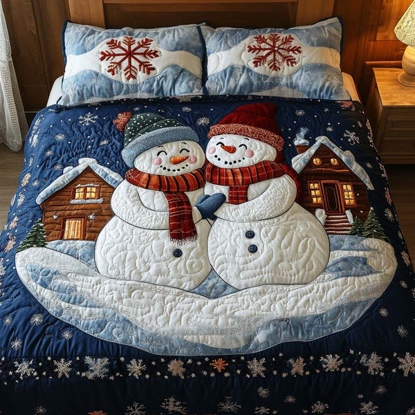 Winter Joy quilted 3-piece bedding set on a made bed in a winter-styled bedroom