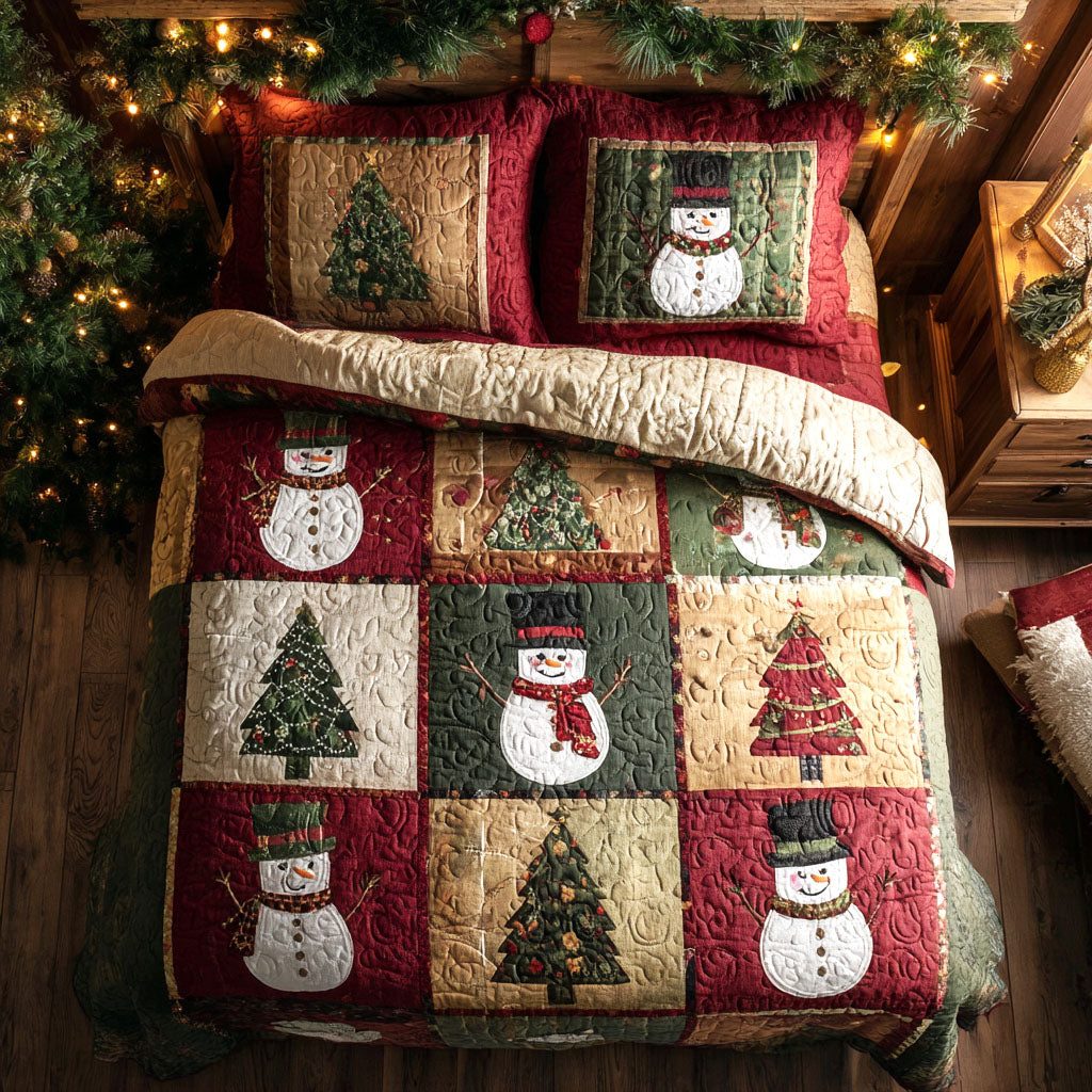 Winter Joy quilted 3-piece bedding set on a made bed in a winter-styled bedroom