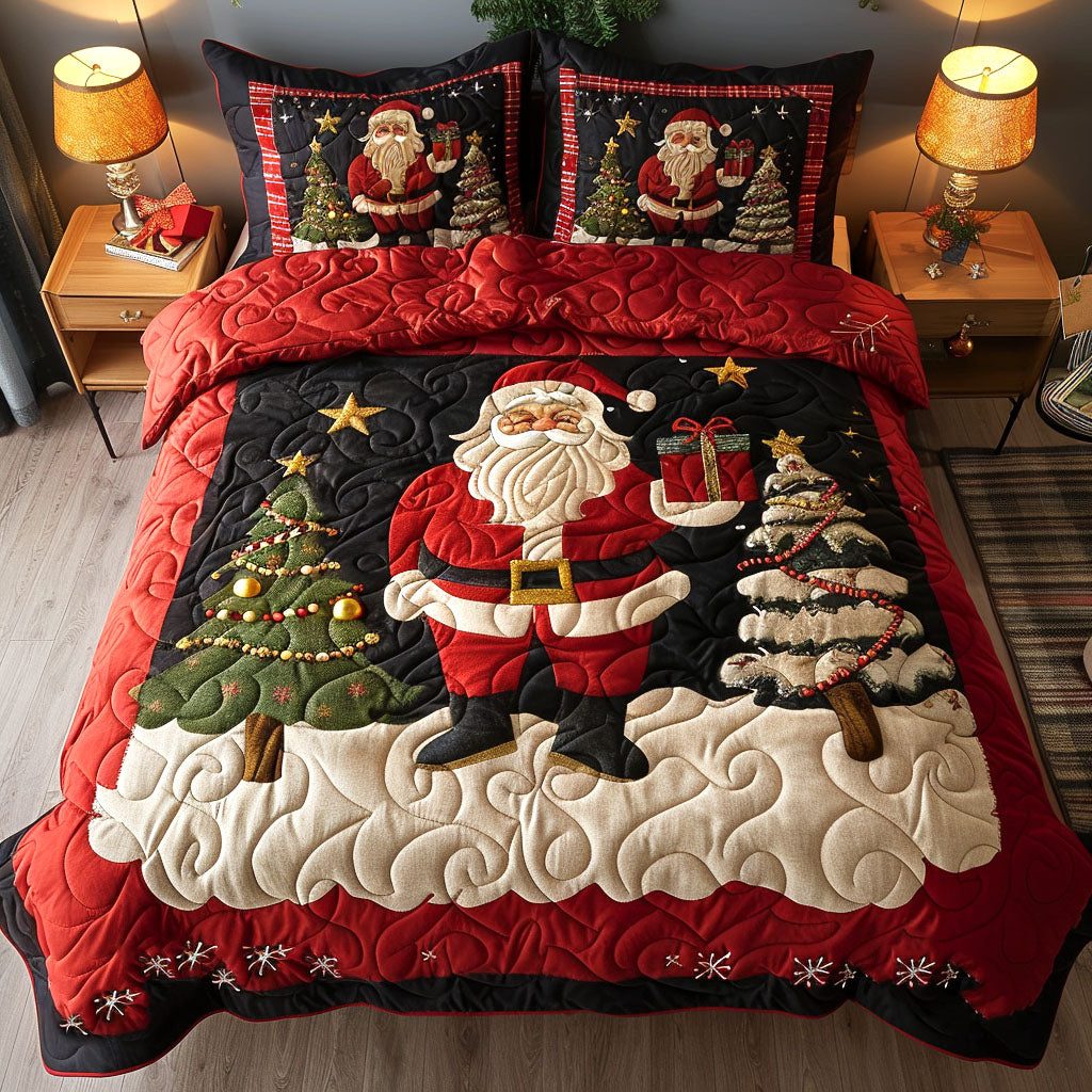 Winter Joy quilted 3-piece bedding set on a made bed in a winter-styled bedroom