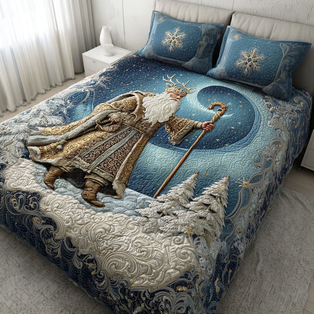 Winter Joy Santa quilted 3-piece bedding set on a made bed in a winter-styled bedroom