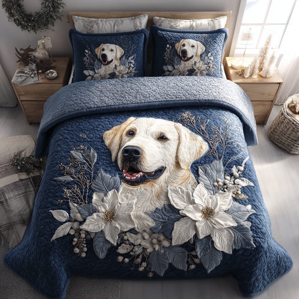 Winter Labrador Retriever quilted 3-piece bedding set on a made bed in a winter-styled bedroom