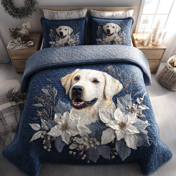 Winter Labrador Retriever quilted 3-piece bedding set on a made bed in a winter-styled bedroom
