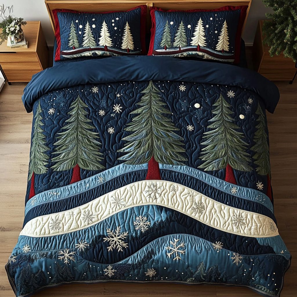 Winter Light quilted 3-piece bedding set on a made bed in a winter-styled bedroom