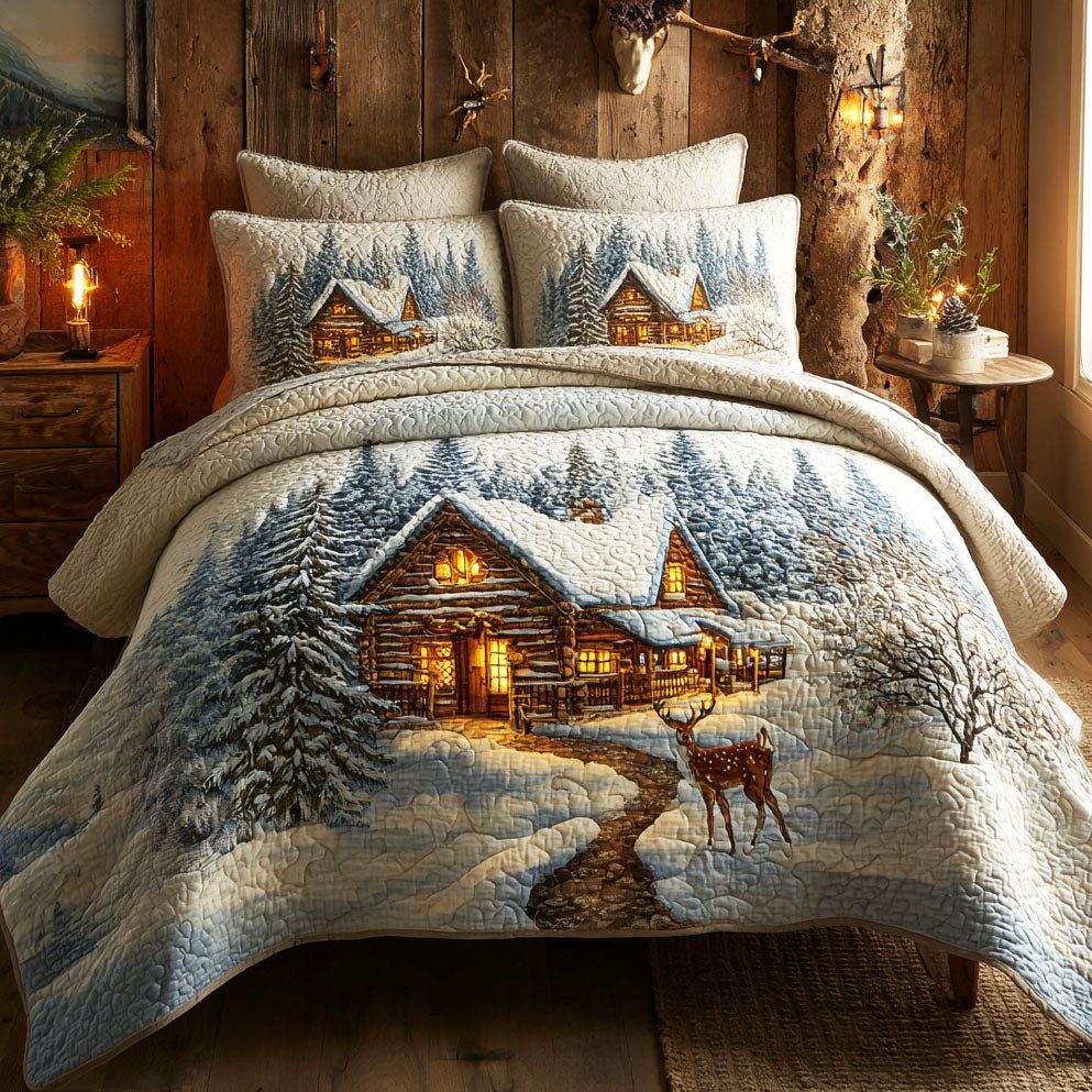 Winter Lodge quilted 3-piece bedding set on a made bed in a winter-styled bedroom