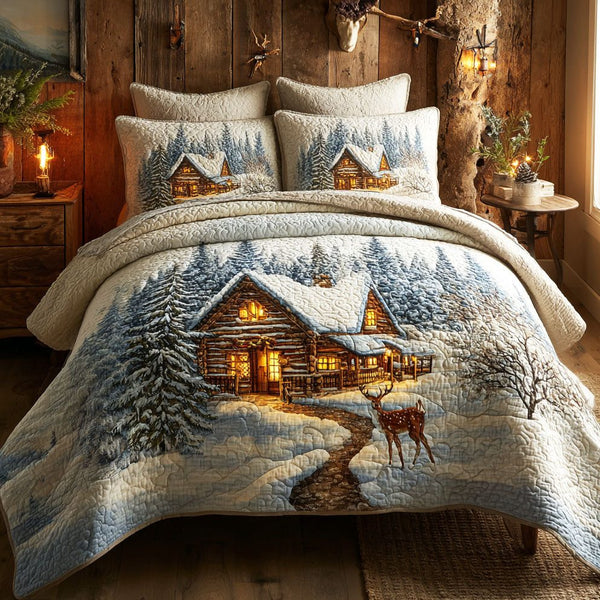 Winter Lodge quilted 3-piece bedding set on a made bed in a winter-styled bedroom