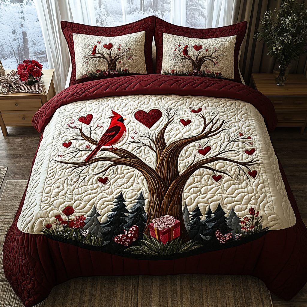 Winter Lovebirds quilted 3-piece bedding set on a made bed in a winter-styled bedroom
