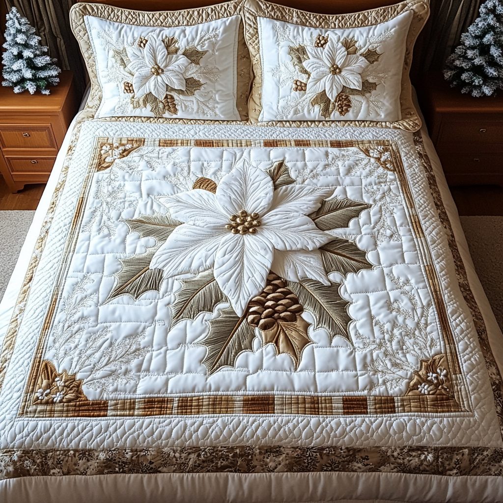 Winter Magic Blossoms quilted 3-piece bedding set on a made bed in a winter-styled bedroom