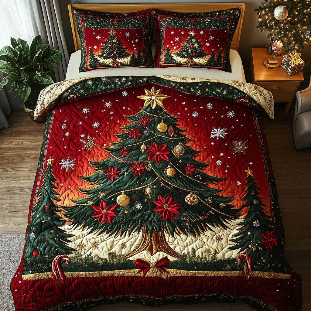 Winter Magic quilted 3-piece bedding set on a made bed in a winter-styled bedroom