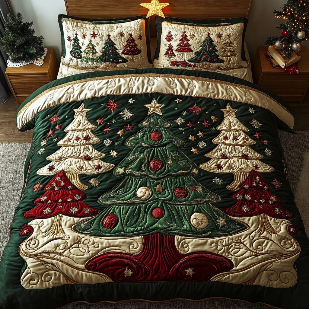 Winter Magic quilted 3-piece bedding set on a made bed in a winter-styled bedroom