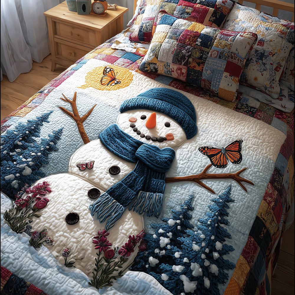 Winter Magic quilted 3-piece bedding set on a made bed in a winter-styled bedroom