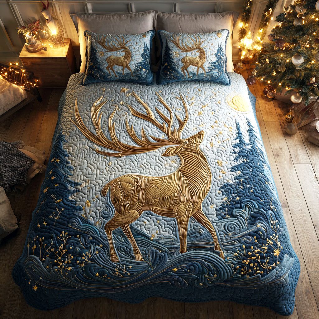 Winter Majesty quilted 3-piece bedding set on a made bed in a winter-styled bedroom