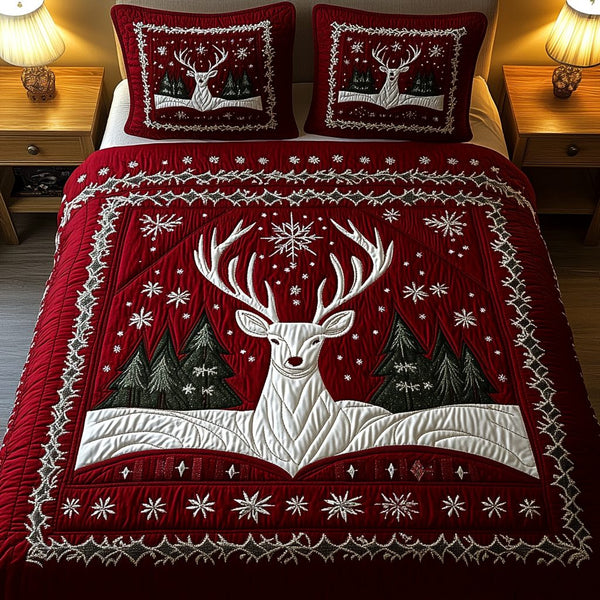 Winter Majesty quilted 3-piece bedding set on a made bed in a winter-styled bedroom