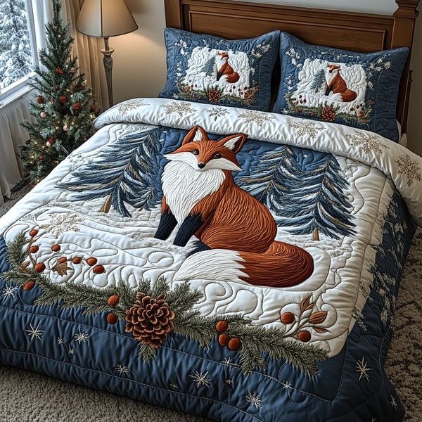 Winter Midnight Fox quilted 3-piece bedding set on a made bed in a winter-styled bedroom