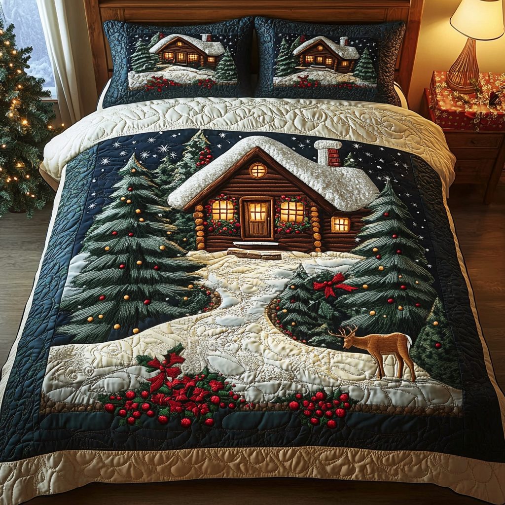 Winter Nightscape quilted 3-piece bedding set on a made bed in a winter-styled bedroom