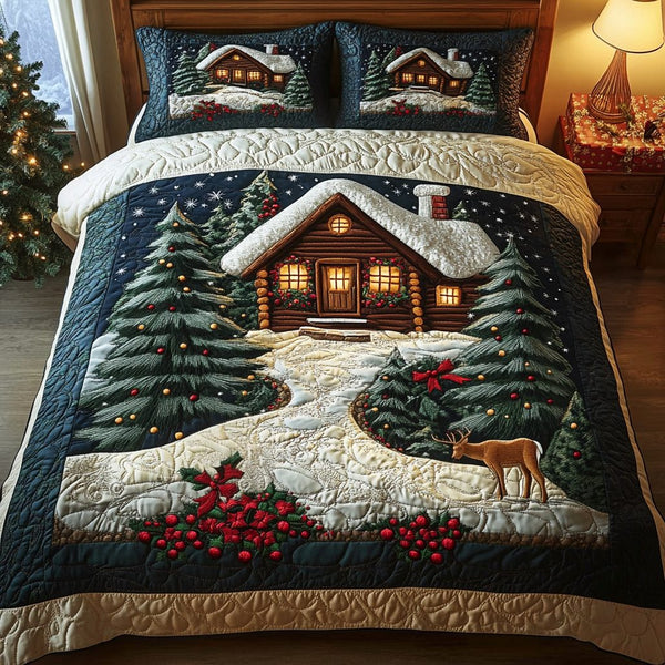 Winter Nightscape quilted 3-piece bedding set on a made bed in a winter-styled bedroom