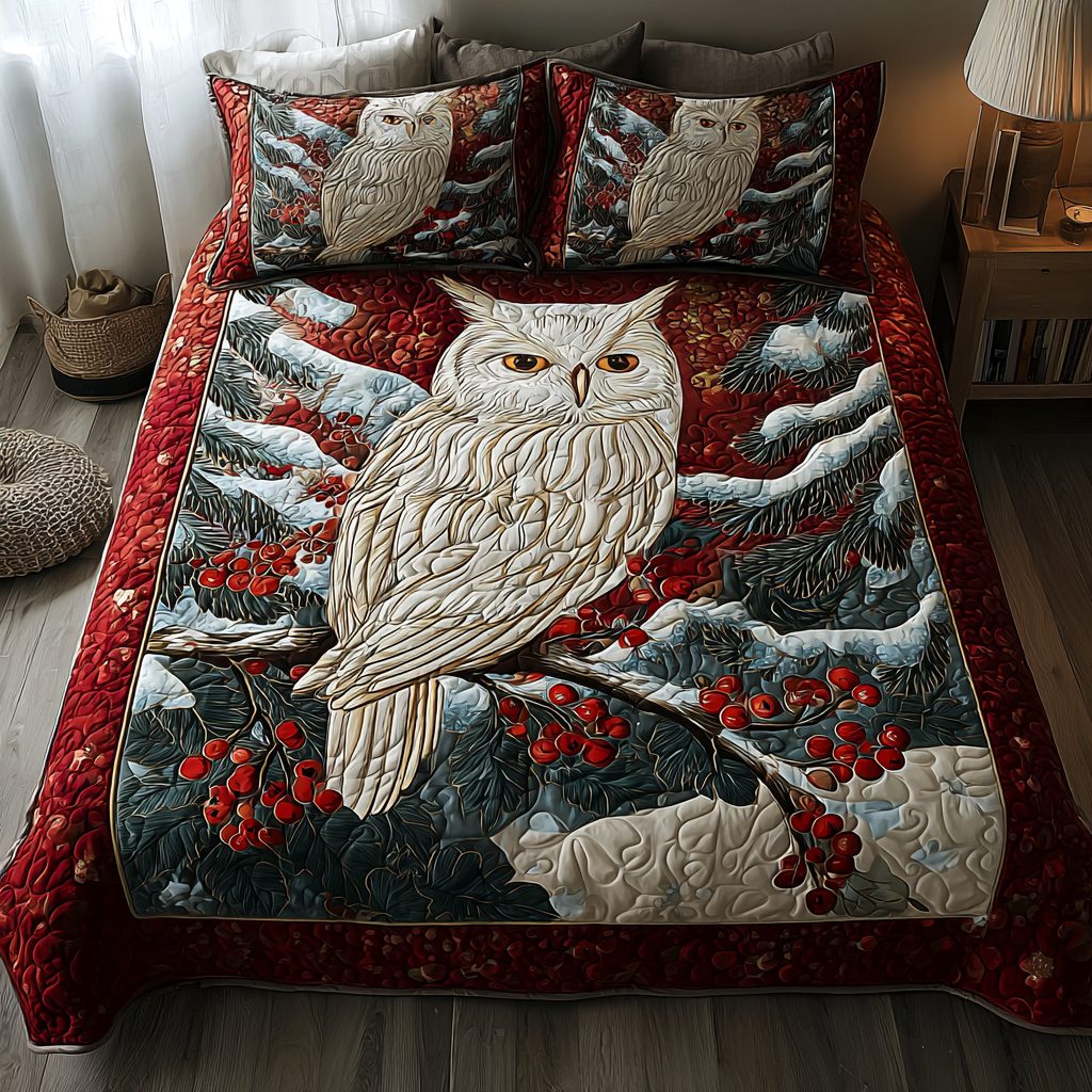 Winter Owl quilted 3-piece bedding set on a made bed in a winter-styled bedroom
