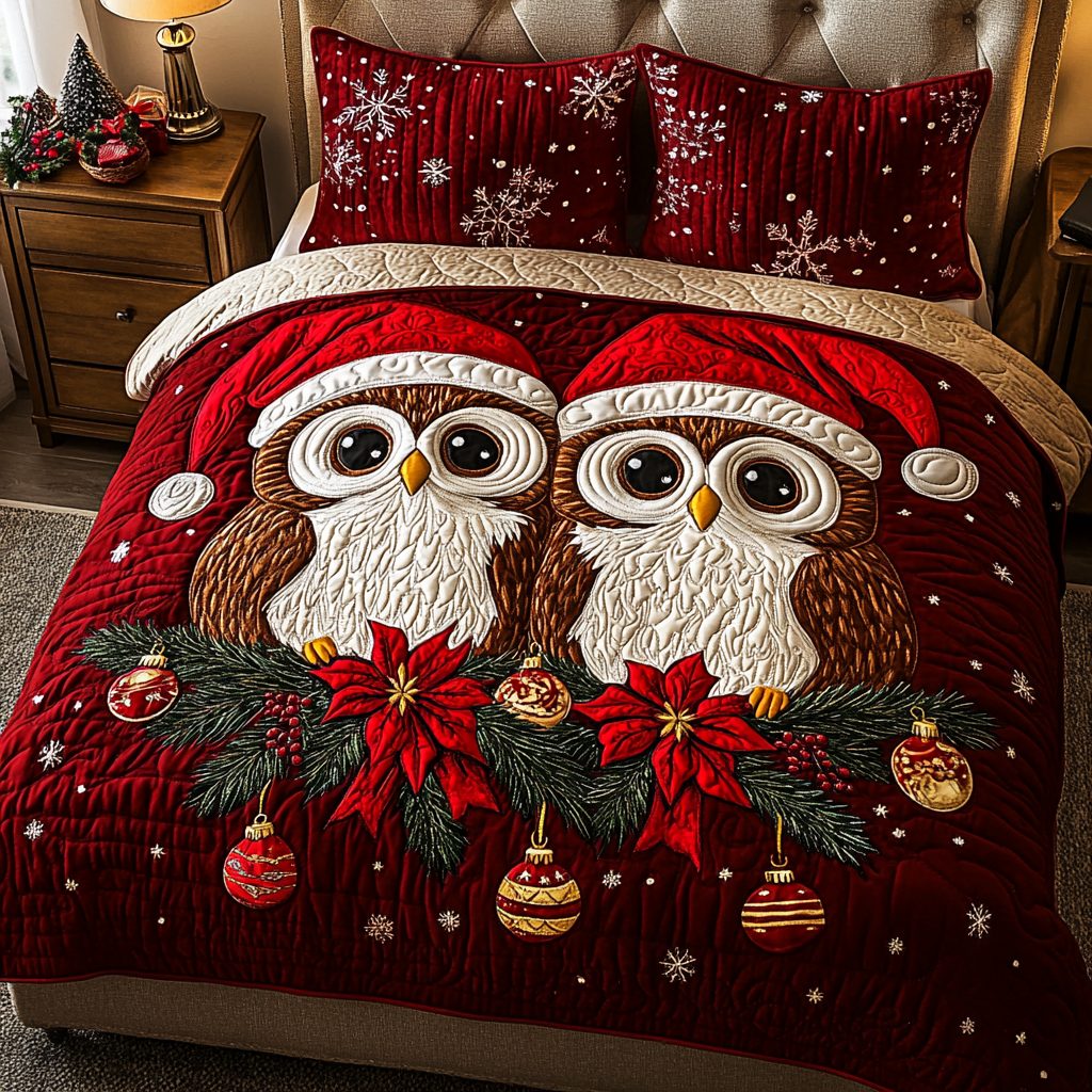 Winter Owl quilted 3-piece bedding set on a made bed in a winter-styled bedroom
