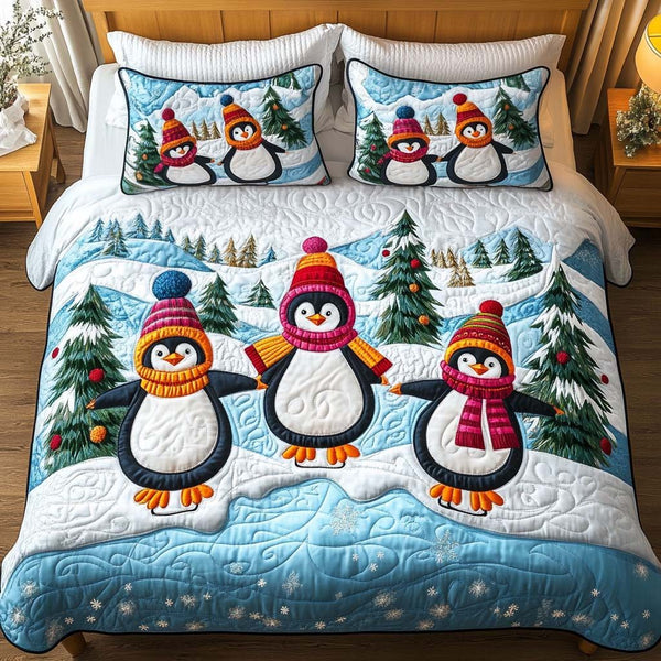 Winter Parade quilted 3-piece bedding set on a made bed in a winter-styled bedroom