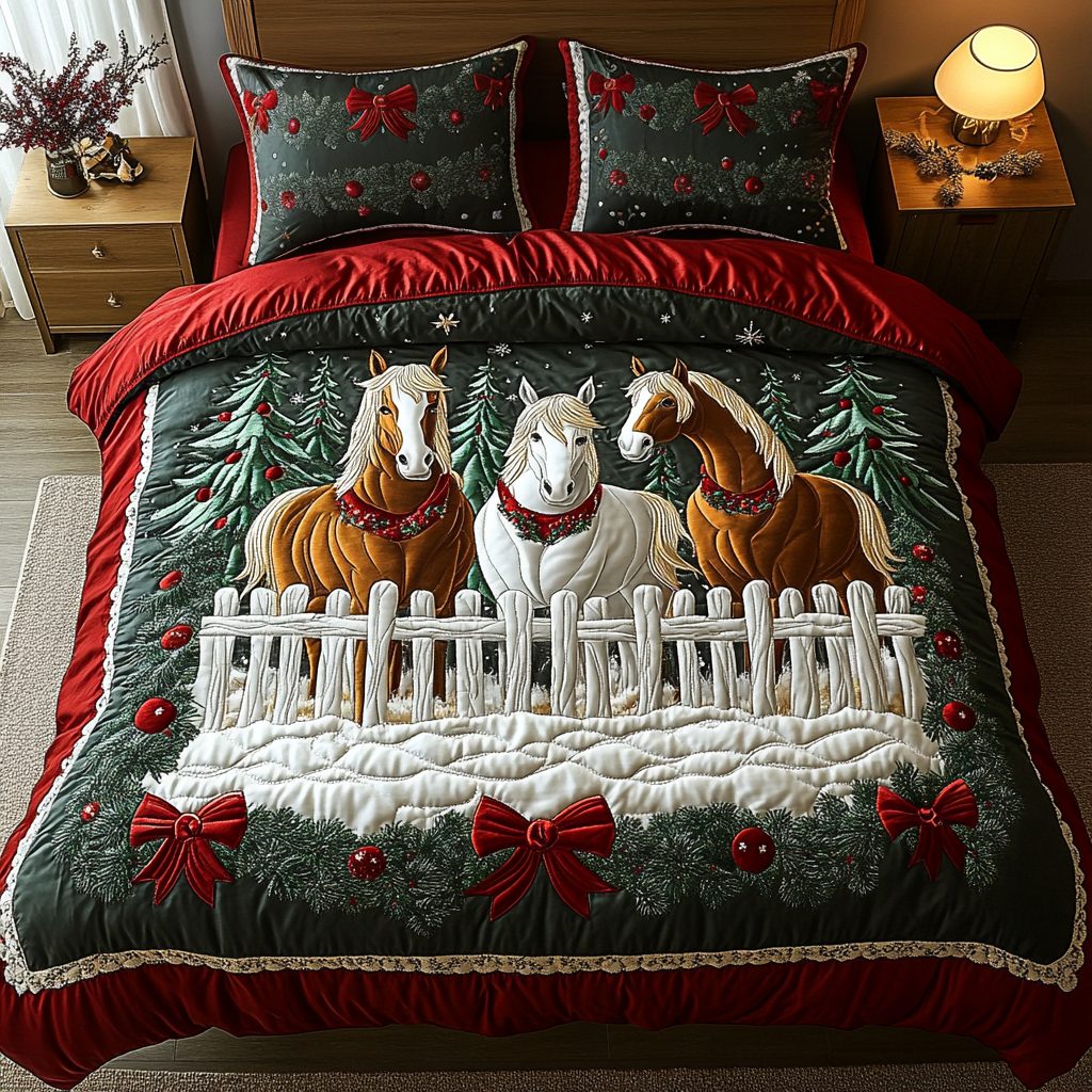 Winter Pasture quilted 3-piece bedding set on a made bed in a winter-styled bedroom