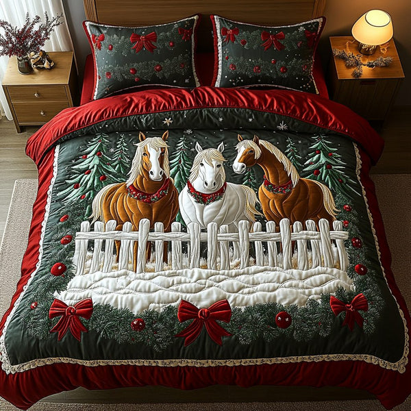 Winter Pasture quilted 3-piece bedding set on a made bed in a winter-styled bedroom