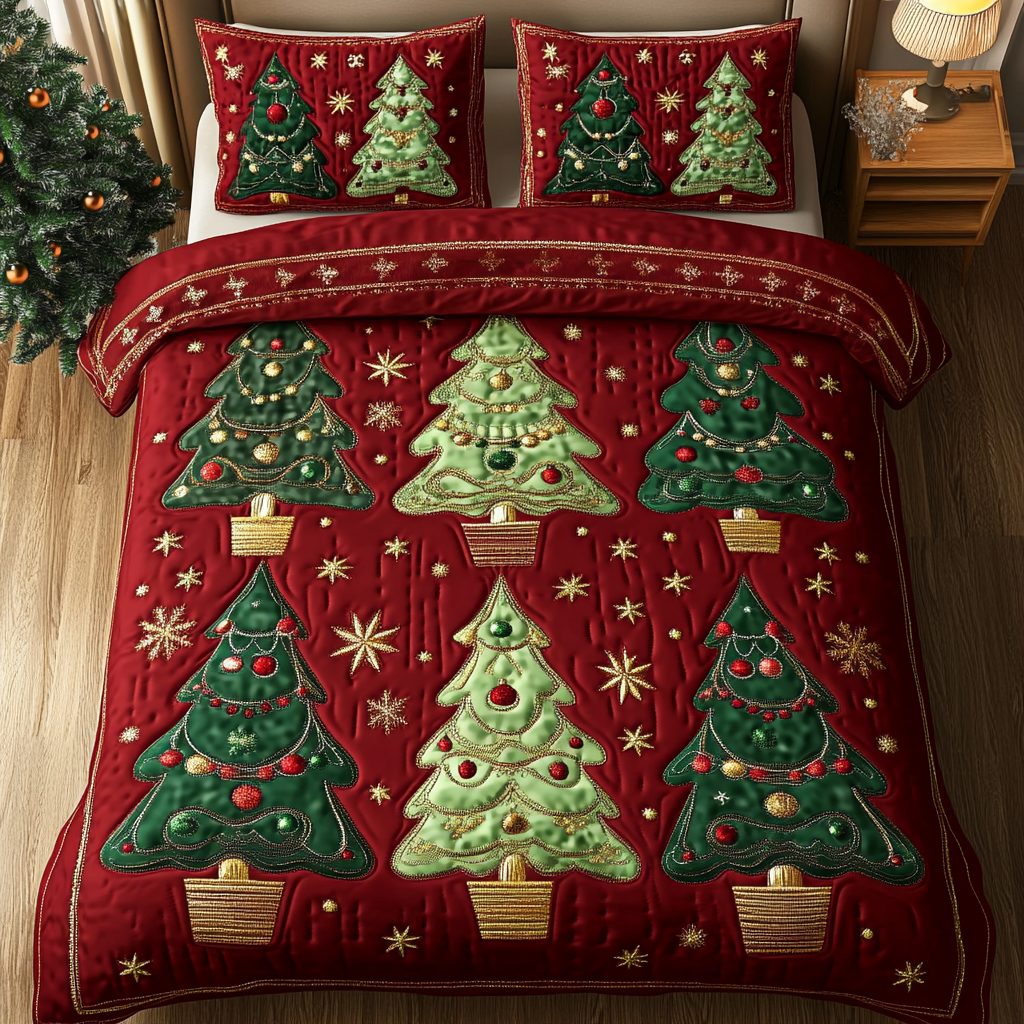 Winter Pines quilted 3-piece bedding set on a made bed in a winter-styled bedroom