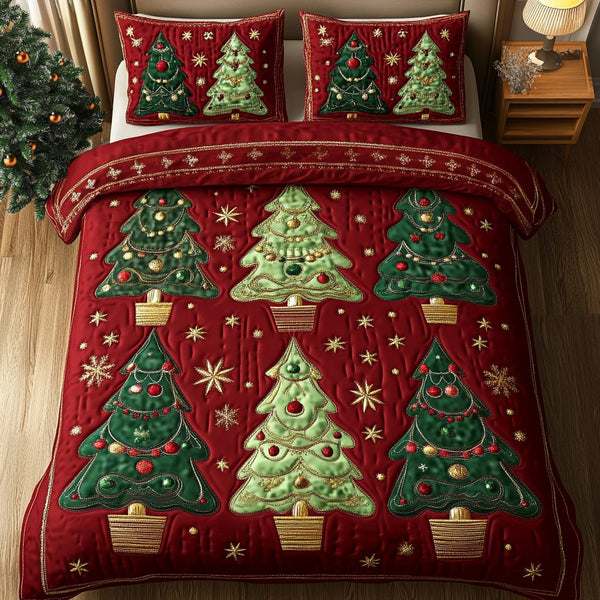 Winter Pines quilted 3-piece bedding set on a made bed in a winter-styled bedroom