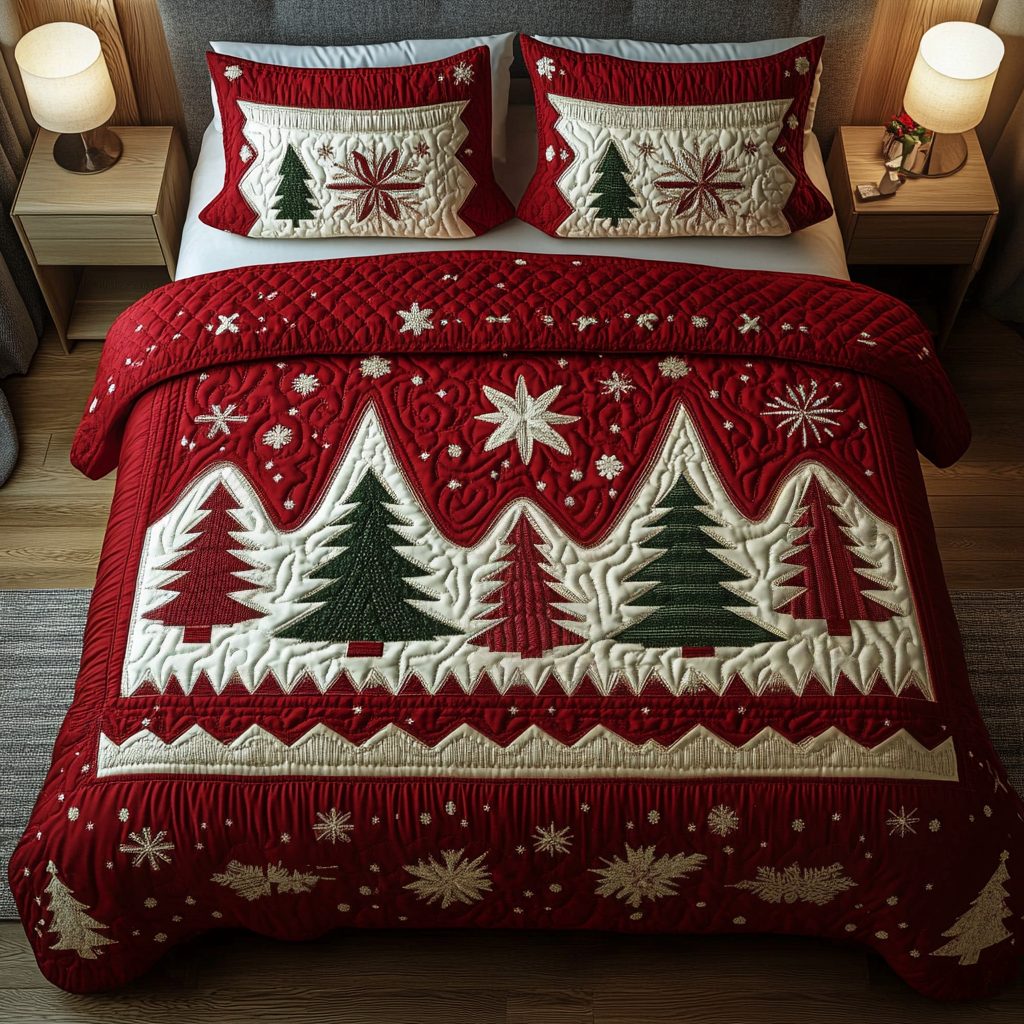 Winter Pines quilted 3-piece bedding set on a made bed in a winter-styled bedroom