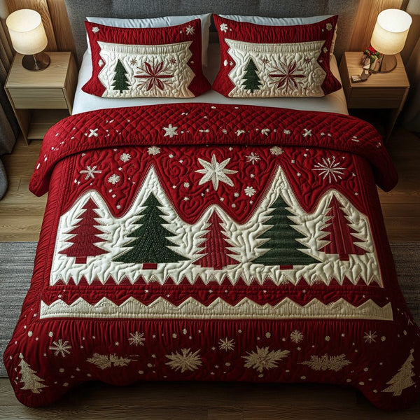 Winter Pines quilted 3-piece bedding set on a made bed in a winter-styled bedroom