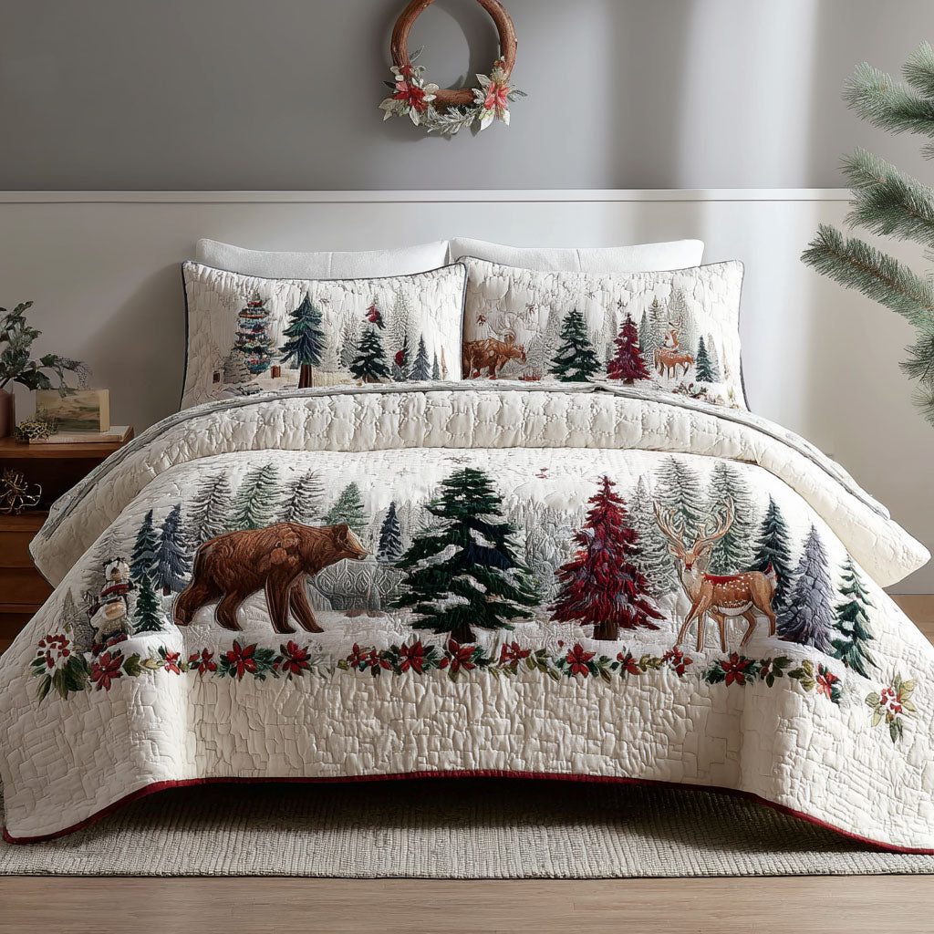 Winter Pinescape quilted 3-piece bedding set on a made bed in a winter-styled bedroom