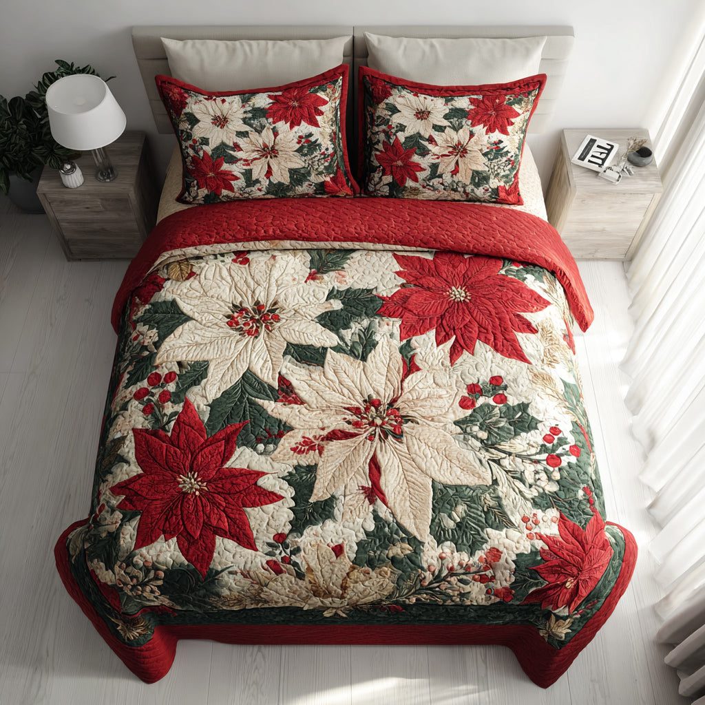 Winter Poinsettia Blooms quilted 3-piece bedding set on a made bed in a winter-styled bedroom