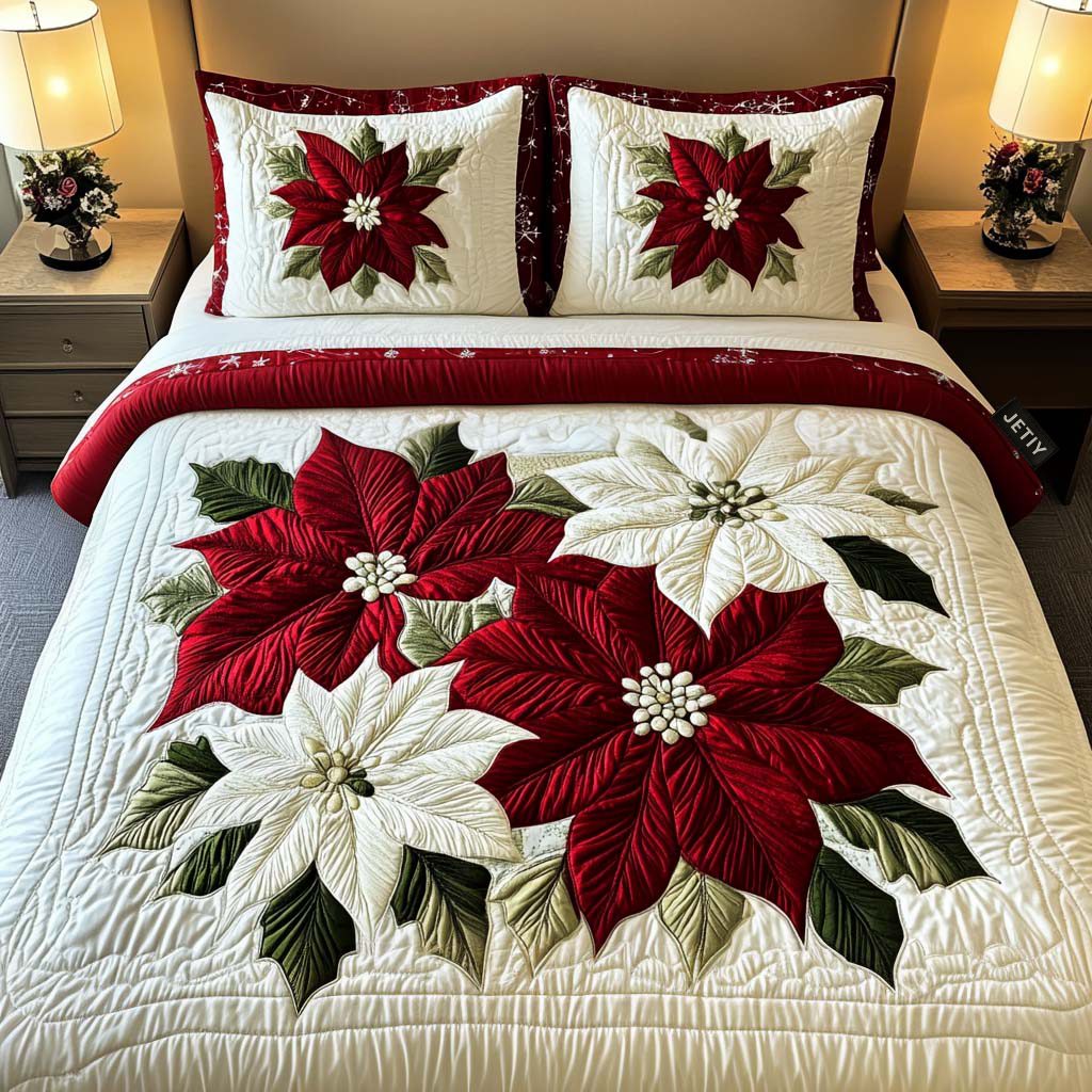 Winter Poinsettia Magic quilted 3-piece bedding set on a made bed in a winter-styled bedroom