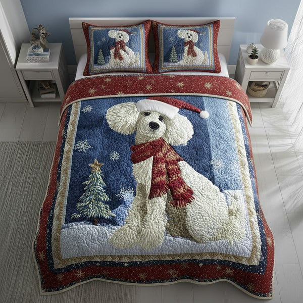 Winter Poodle quilted 3-piece bedding set on a made bed in a winter-styled bedroom