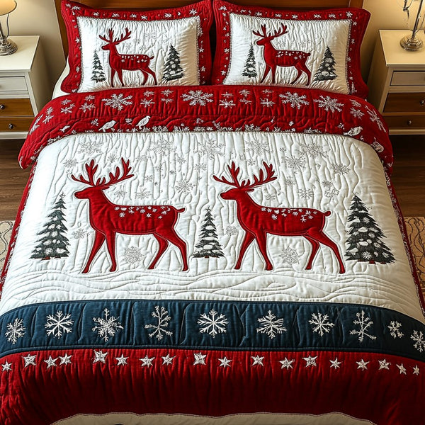 Winter Prancing Delight quilted 3-piece bedding set on a made bed in a winter-styled bedroom