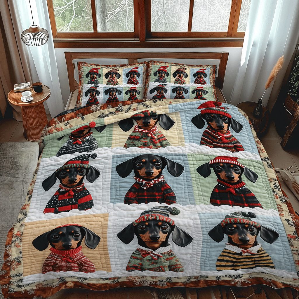 Winter Pups quilted 3-piece bedding set on a made bed in a winter-styled bedroom