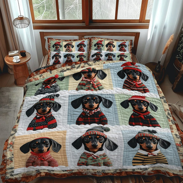Winter Pups quilted 3-piece bedding set on a made bed in a winter-styled bedroom