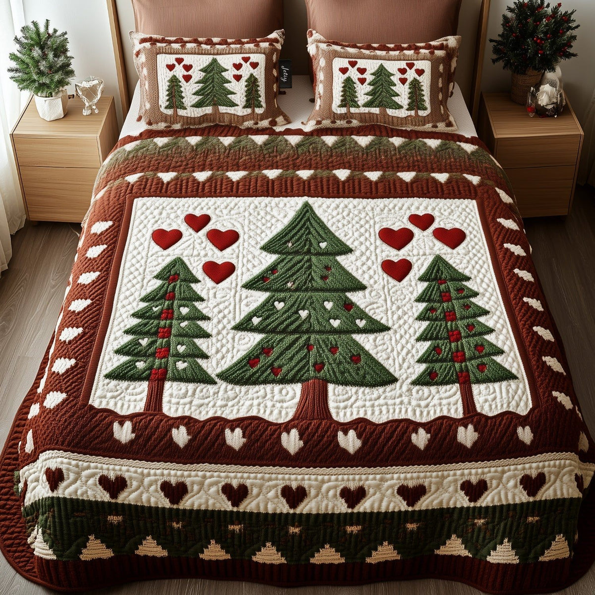 Winter Purrfection quilted 3-piece bedding set on a made bed in a winter-styled bedroom